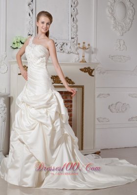 Ivory One Shoulder Appliques Wedding Bridal Dress Court