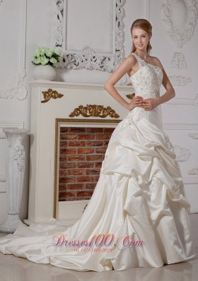 Ivory One Shoulder Appliques Wedding Bridal Dress Court