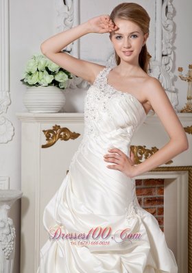 Ivory One Shoulder Appliques Wedding Bridal Dress Court