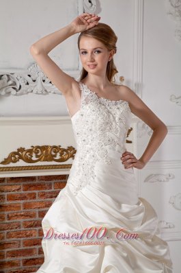 Ivory One Shoulder Appliques Wedding Bridal Dress Court