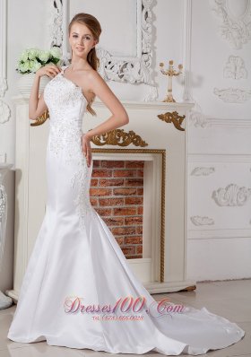 Lace Wedding Dress Mermaid One Shoulder Court Train Satin