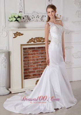 Lace Wedding Dress Mermaid One Shoulder Court Train Satin