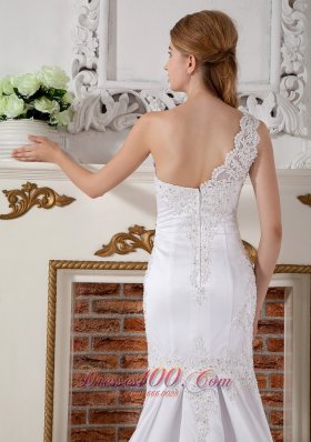 Lace Wedding Dress Mermaid One Shoulder Court Train Satin