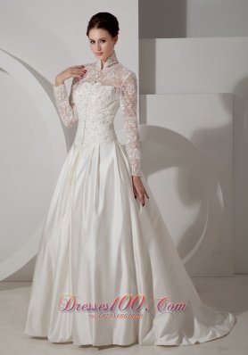 Fashion Unique Lace Wedding Dress A-line High-neck Brush