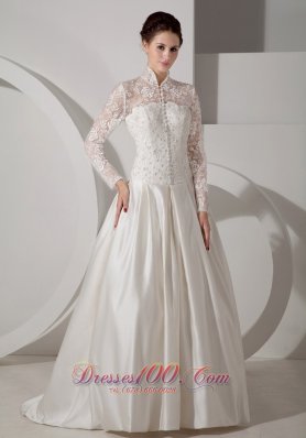 Fashion Unique Lace Wedding Dress A-line High-neck Brush