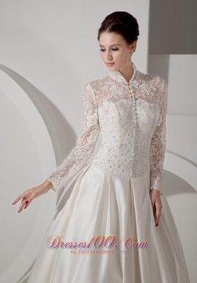 Fashion Unique Lace Wedding Dress A-line High-neck Brush