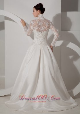 Fashion Unique Lace Wedding Dress A-line High-neck Brush