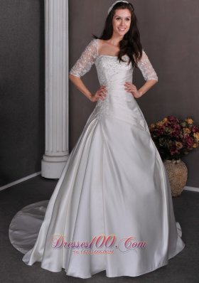 Classic Church Wedding Dress A-line Square Appliques Satin