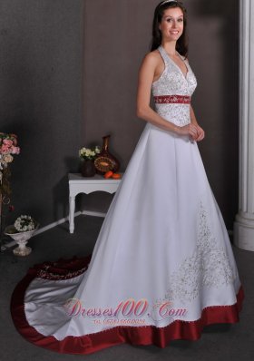 Colorful Church Wedding Gowns Halter Chapel Appliques Satin