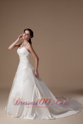 Ivory A-line Church Wedding Gowns Appliques Satin Winter