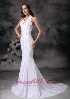 Elegant Mermaid Halter Wedding Bridal Dress Crystal V-neck