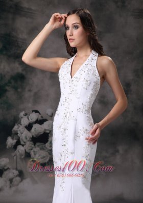 Elegant Mermaid Halter Wedding Bridal Dress Crystal V-neck