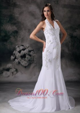 Elegant Mermaid Halter Wedding Bridal Dress Crystal V-neck