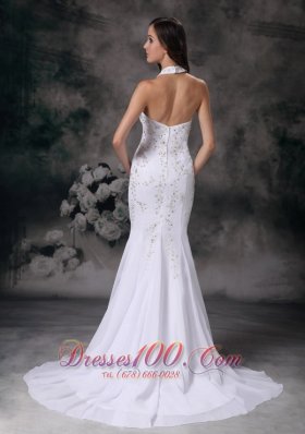 Elegant Mermaid Halter Wedding Bridal Dress Crystal V-neck