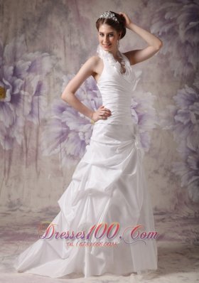 A-line Halter Wedding Gowns Pleated Taffeta Handle Flowers