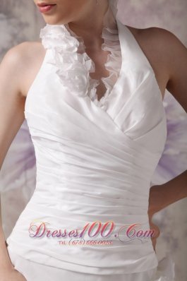 A-line Halter Wedding Gowns Pleated Taffeta Handle Flowers