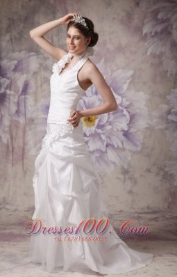 A-line Halter Wedding Gowns Pleated Taffeta Handle Flowers