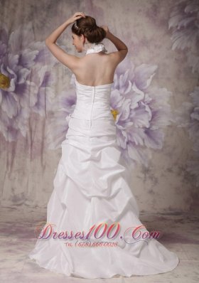 A-line Halter Wedding Gowns Pleated Taffeta Handle Flowers