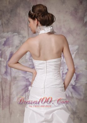 A-line Halter Wedding Gowns Pleated Taffeta Handle Flowers