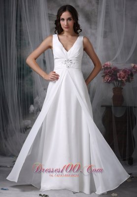 White Apron Beach Wedding Dress Straps V-neck Floor-length