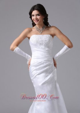 Column Strapless Lace Wedding Bridal Dress Brush Train