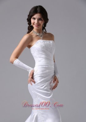 Column Strapless Lace Wedding Bridal Dress Brush Train