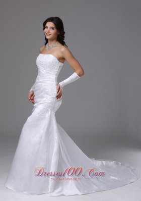 Column Strapless Lace Wedding Bridal Dress Brush Train