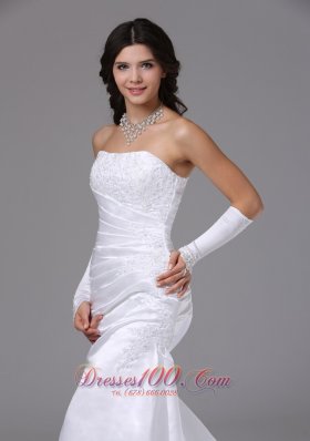 Column Strapless Lace Wedding Bridal Dress Brush Train