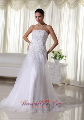 A-line Tulle Lace Wedding Dress Strapless Chapel Train