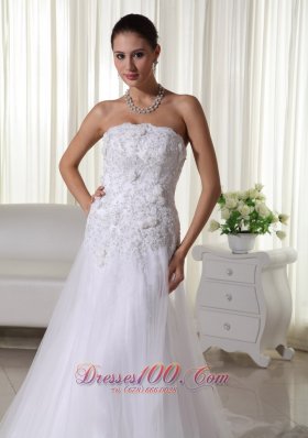 A-line Tulle Lace Wedding Dress Strapless Chapel Train