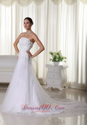 A-line Tulle Lace Wedding Dress Strapless Chapel Train