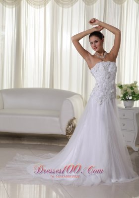 A-line Tulle Lace Wedding Dress Strapless Chapel Train