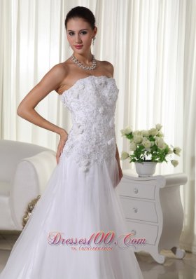 A-line Tulle Lace Wedding Dress Strapless Chapel Train