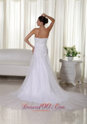 A-line Tulle Lace Wedding Dress Strapless Chapel Train