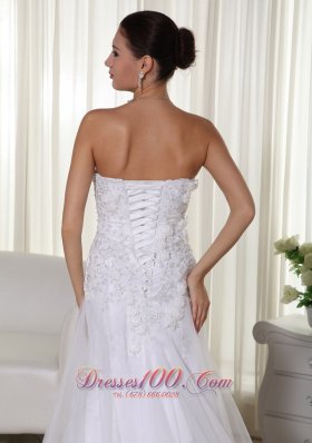 A-line Tulle Lace Wedding Dress Strapless Chapel Train