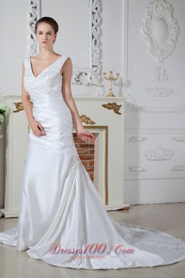 Mermaid V-neck Bridal Dress Ruch Court Satin Appliques