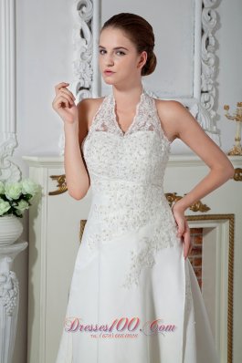 Sweet Column Halter V-Neck Satin Appliques Wedding Gowns