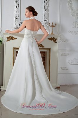 Sweet Column Halter V-Neck Satin Appliques Wedding Gowns