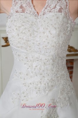 Sweet Column Halter V-Neck Satin Appliques Wedding Gowns