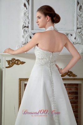 Sweet Column Halter V-Neck Satin Appliques Wedding Gowns