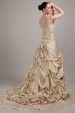 Champagne Princess Wedding Gowns Pleated Court Train Taffeta