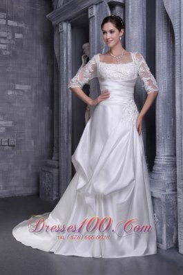 White A-line Square Lace Wedding Gowns Chapel Taffeta