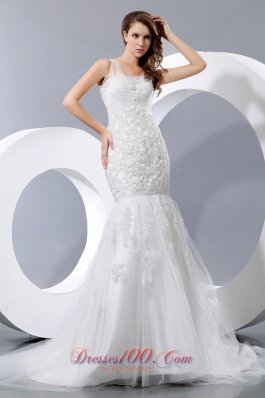 Fashionable Lace Wedding Dress Mermaid Straps Court Train