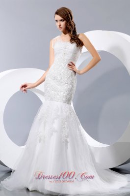 Fashionable Lace Wedding Dress Mermaid Straps Court Train