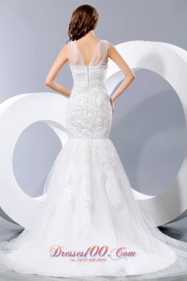 Fashionable Lace Wedding Dress Mermaid Straps Court Train