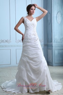 V-neck Ruch Appliques Bridal Dress Taffeta Spring