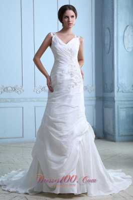 V-neck Ruch Appliques Bridal Dress Taffeta Spring