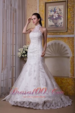 Mermaid Halter Wedding Gowns Tulle Lace Brush Train