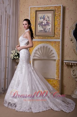 Mermaid Halter Wedding Gowns Tulle Lace Brush Train