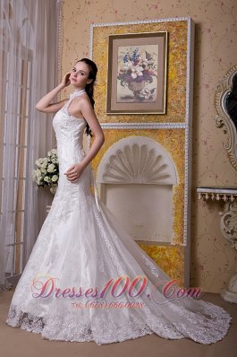 Mermaid Halter Wedding Gowns Tulle Lace Brush Train